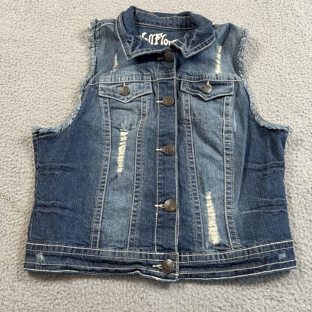 Wallflower Vest Womens Large Blue Denim Distressed Raw Hem Button Front
